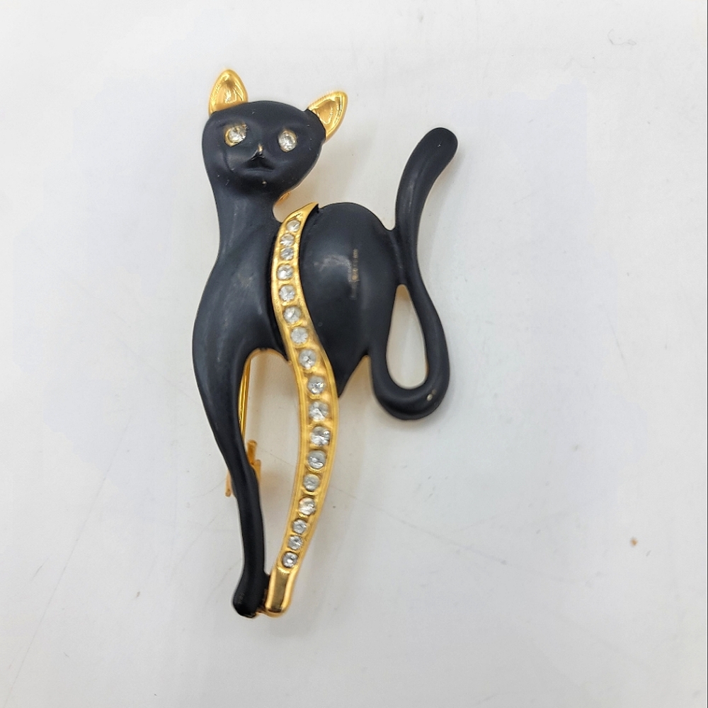 Elegant Black Cat Brooch with Gold Accents & Rhinestone Details Vintage